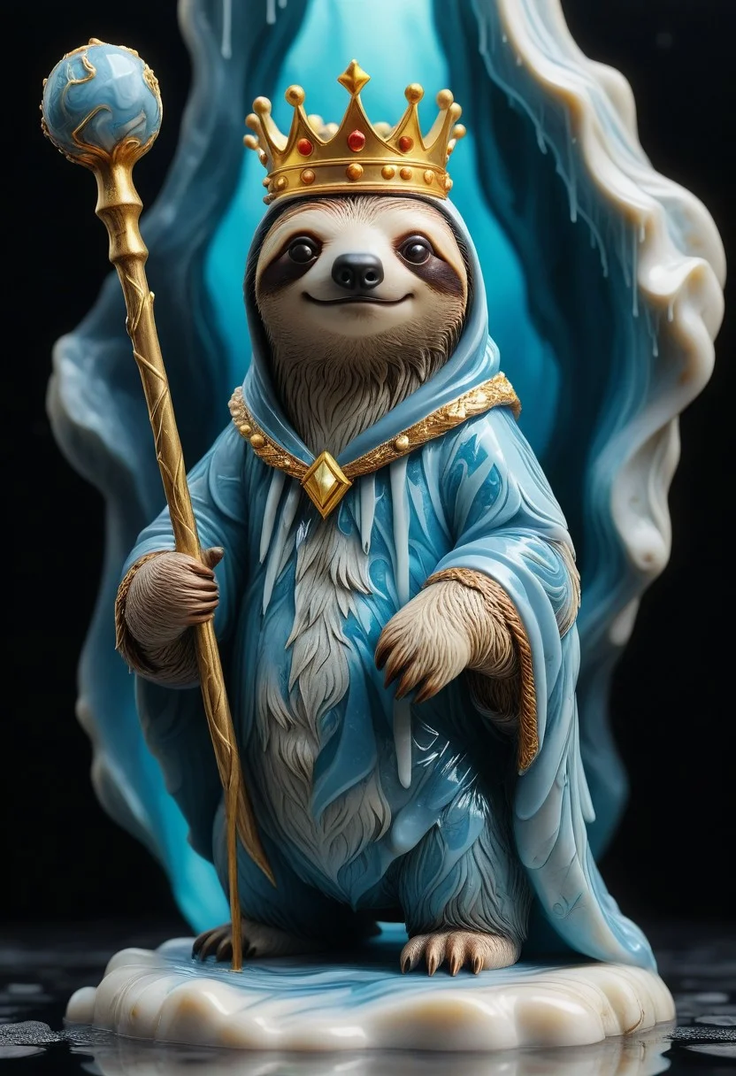 made of liquid marble, a cute figure of a sloth king with crown wearing a magic cape and a magic staff