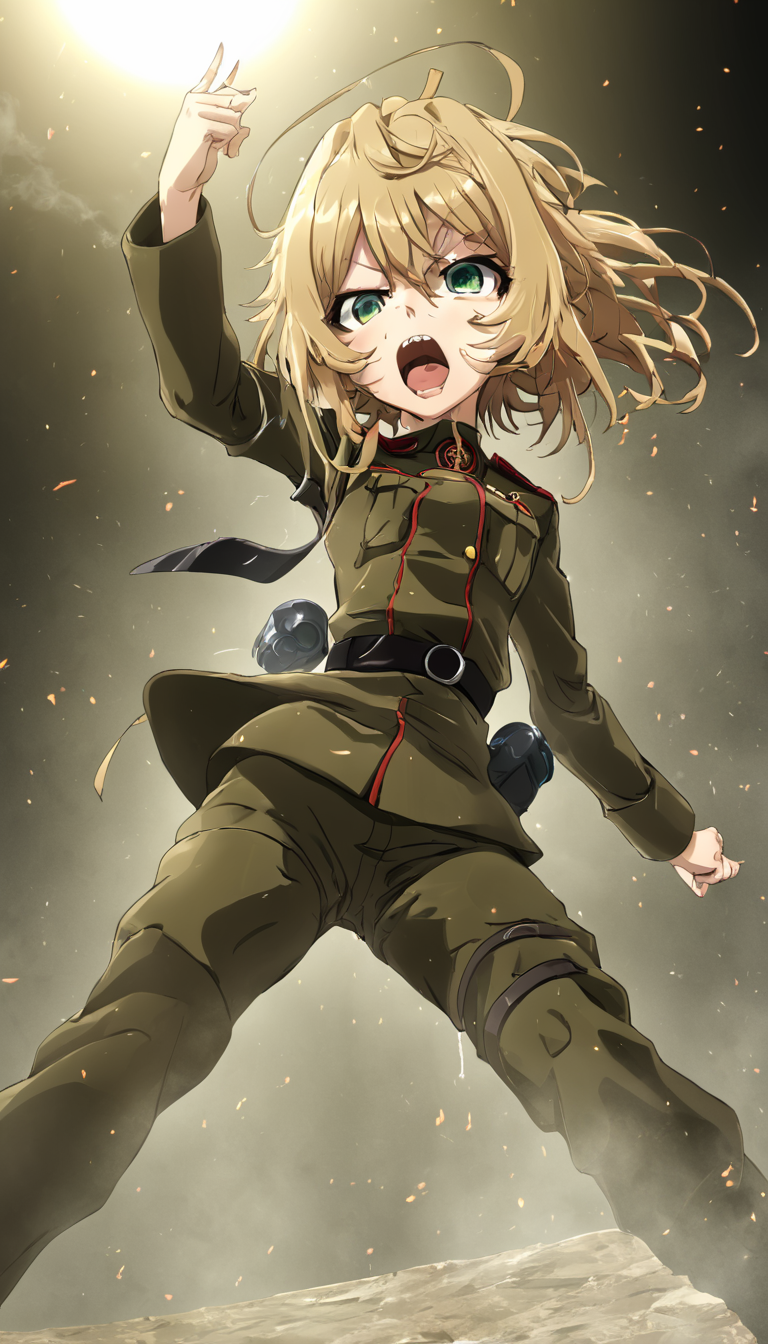 Cinematic scene, hero view, Tanya Degurechaff, Youjo Senki <lora:tanya_degurechaff_xl_v5:0.75>, action pose, masterpiece, best quality, high quality, highres, absurdres