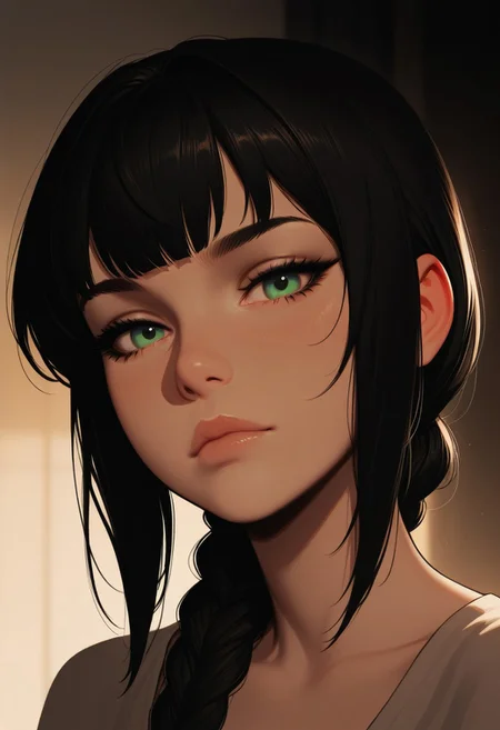 HDR, 8K, high contrast, masterpiece, best quality, amazing quality, very aesthetic, realistic, newest, volumetric lighting,
(artist:incase:0.5), (artist:tsuaii:0.5), (flat colors:1.5), 1girl, adult, female, looking at viewer, shadowheart, black hair, braided ponytail, green eyes, close up portrait,