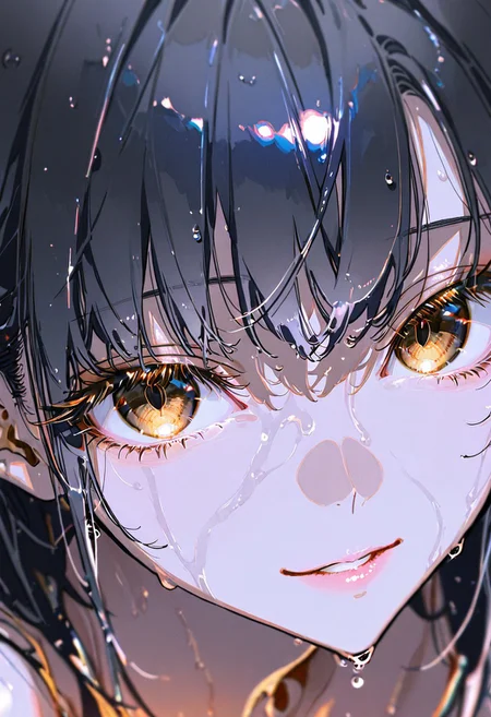 masterpiece, best quality, good quality, newest, highres, absurdres, uncensored,
BREAK 
detail background, very awa, absolutely eye-catching, (beautiful face), 
BREAK
amazing quality, best quality, ultra-detailed, 8K, illustration, CG, ultra-detailed-eyes, cute girl, eyelashes
BREAK
(sexy, slutty, hot, aroused) (only girl, solo foucus)
BREAK 
parted lips, puffy lips, smile, seductive expression, wet hair, wet, from above, blurry foreground, 
BREAK 
perfect composition, solo, 1girl, extreme eye close up, eye focus, eye reflection, wide eyed, eyelashes, blank stare, (looking at viewer), eye focus, light smile
BREAK
professional lighting, , Photorealistic, source_real, 8k, night, blurry background, sharp focus, (extreme close:2.0), golden eyes, glowing eyes, black hair, 
(by yoneyama mai, rolua, roitz \( roitz \):1.25), colored lines, (ONE EYE FOCUS)