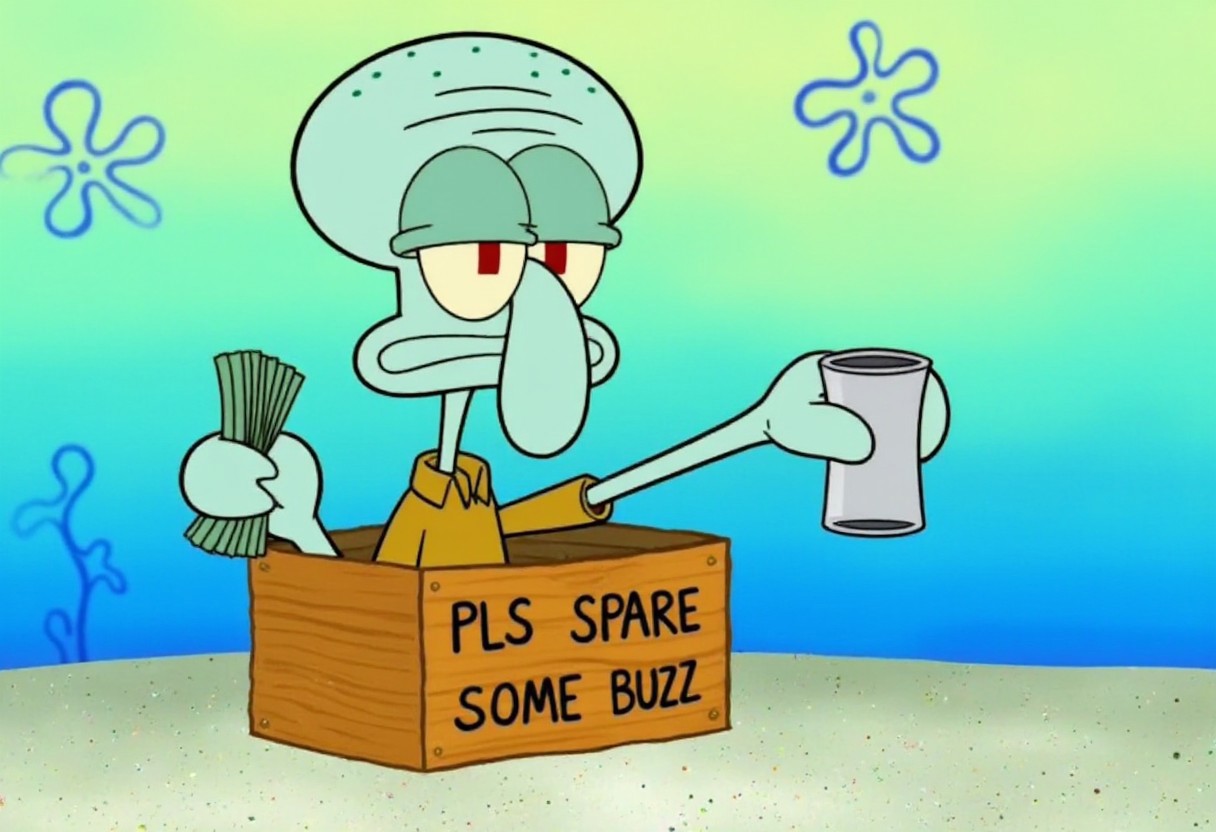 2d, digital art, Squidward Begging Meme, squidward (Spongebob Squarepants), holding out a cup, begging for money, inside a box, box has written the wrods "PLS SPARE SOME BUZZ"