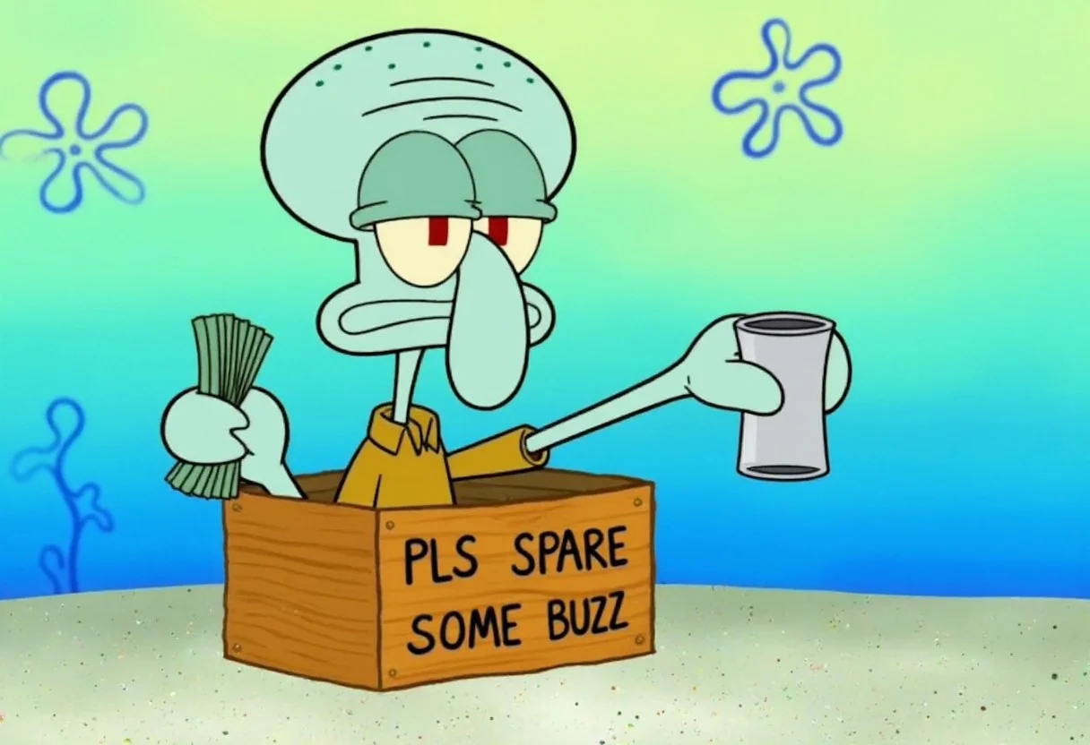2d, digital art, Squidward Begging Meme, squidward (Spongebob Squarepants), holding out a cup, begging for money, inside a box, box has written the wrods "PLS SPARE SOME BUZZ"