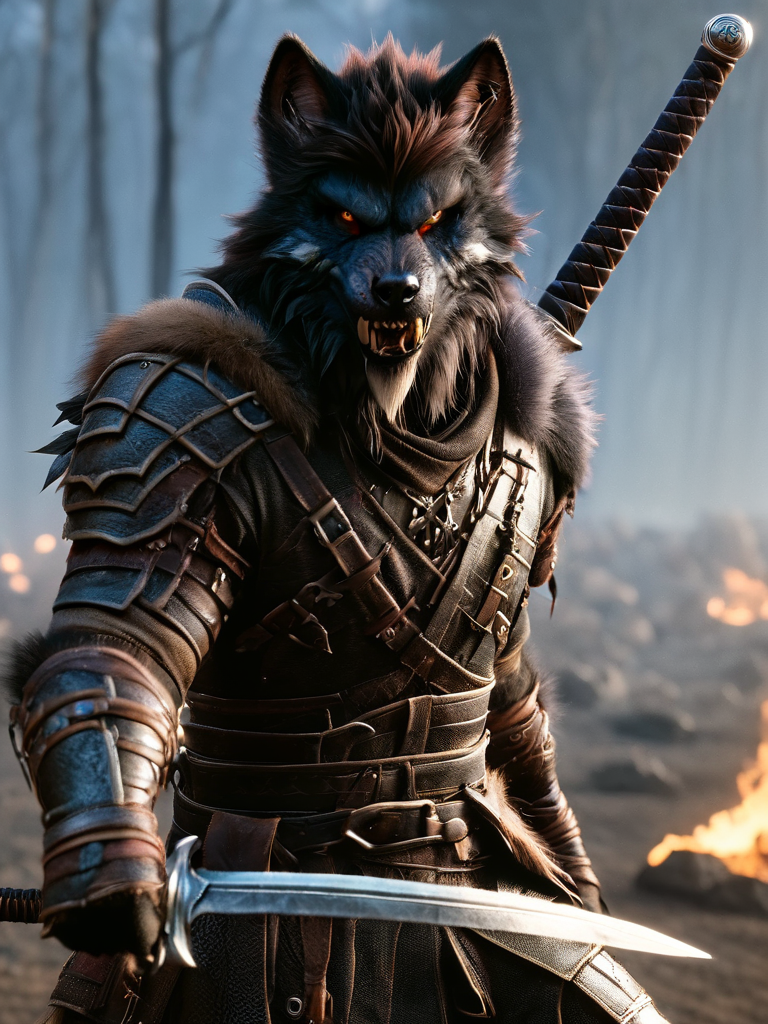 worgen, male worgen, warrior worgen, warrior clothing, a man in a wolf costume holding a sword, wearing leather armor, on the battlefield, with open mouth <lora:wowrgen-sdxl:1>