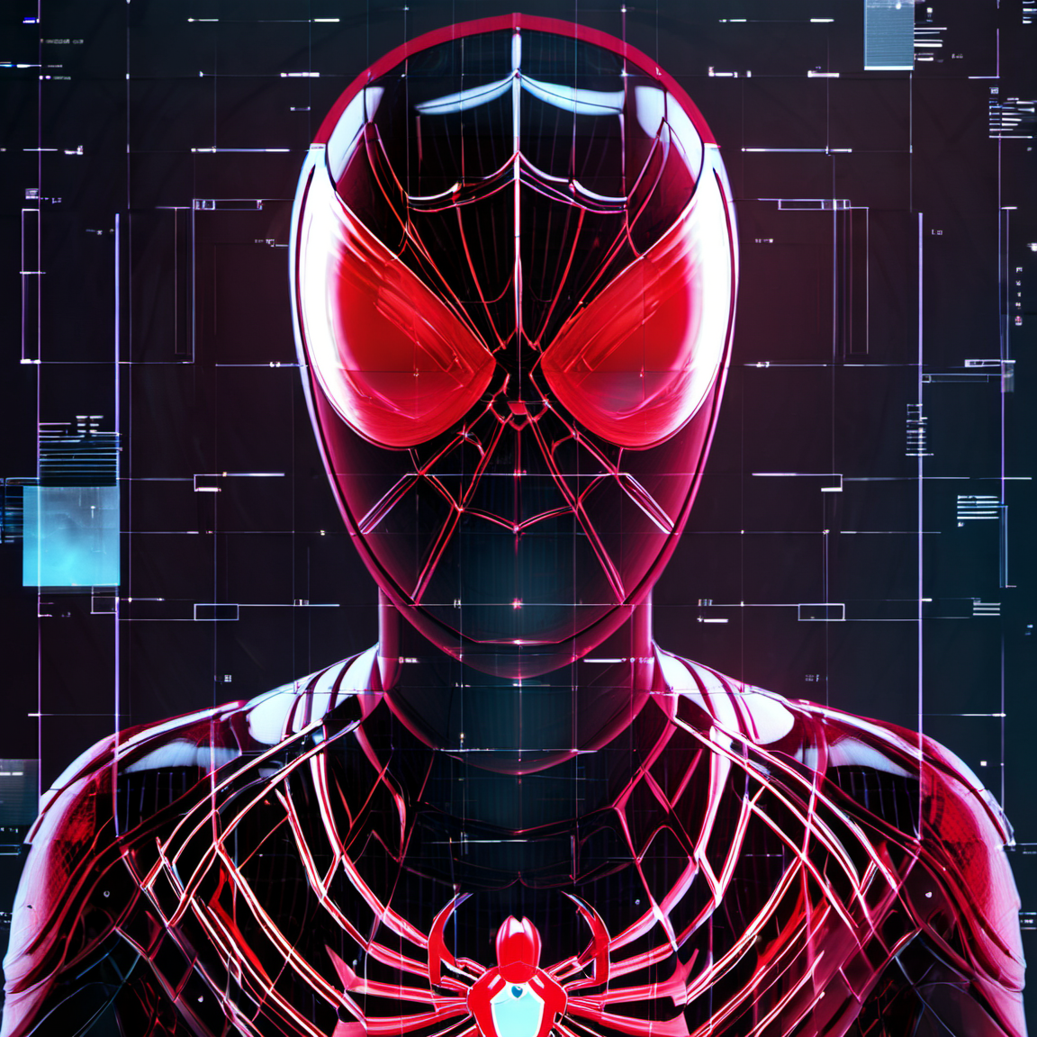 hologrameffect, a spyderman with red eyes and a futuristic suit,<lora:hologram_effect:1>