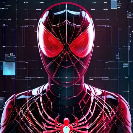 hologrameffect, a spyderman with red eyes and a futuristic suit,<lora:hologram_effect:1>