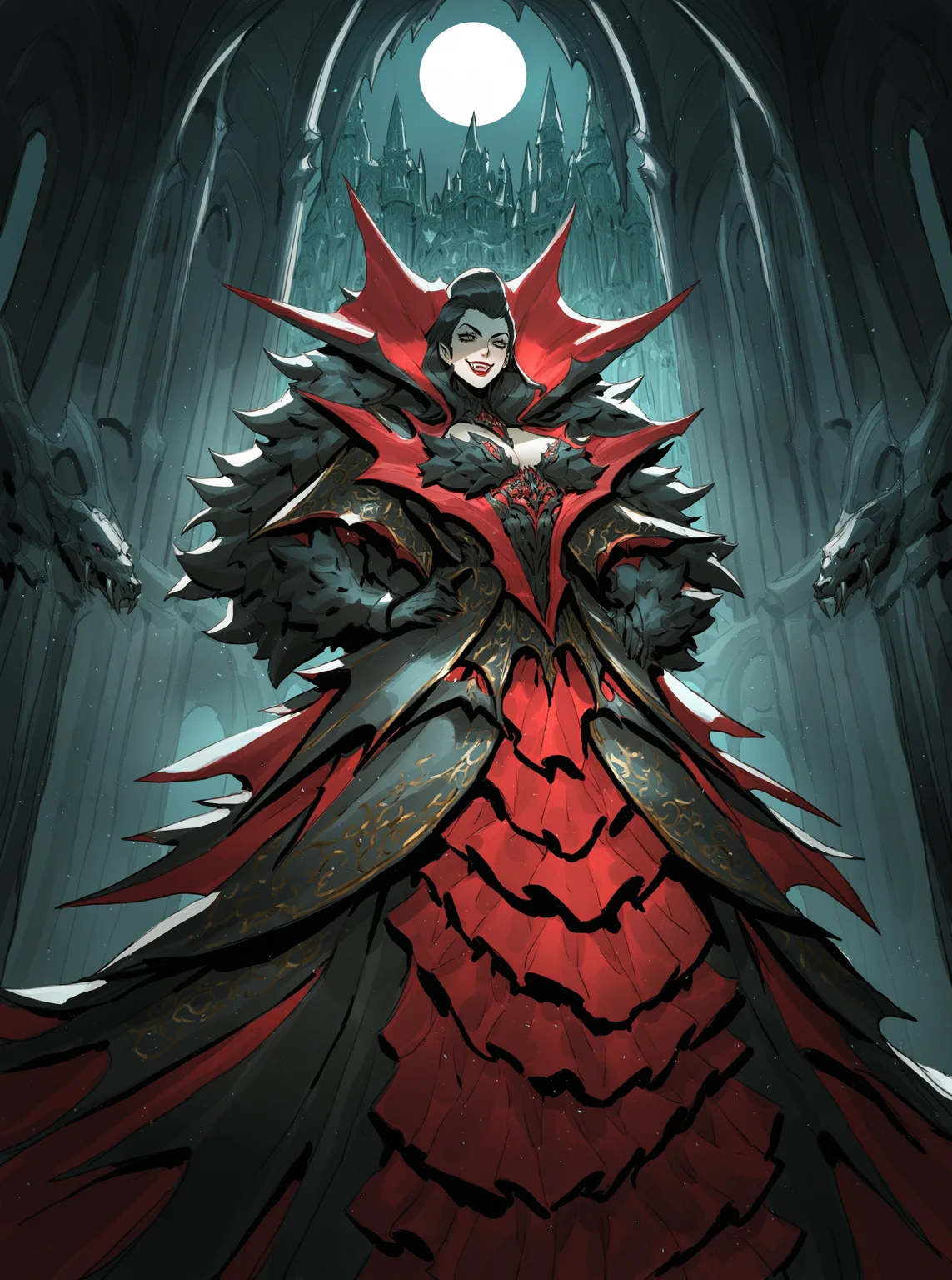 zexiguo style, overdesigned, beautiful vampire queen woman standing in dark, black hair, ornate dress, red lips, smile, fangs, castle indoors, window, gothic architecture, moonlight, particles, night, dark atmosphere, fantasy, solo