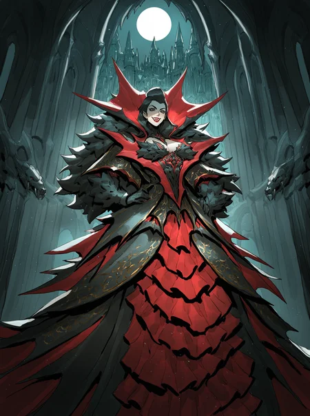 zexiguo style, overdesigned, beautiful vampire queen woman standing in dark, black hair, ornate dress, red lips, smile, fangs, castle indoors, window, gothic architecture, moonlight, particles, night, dark atmosphere, fantasy, solo