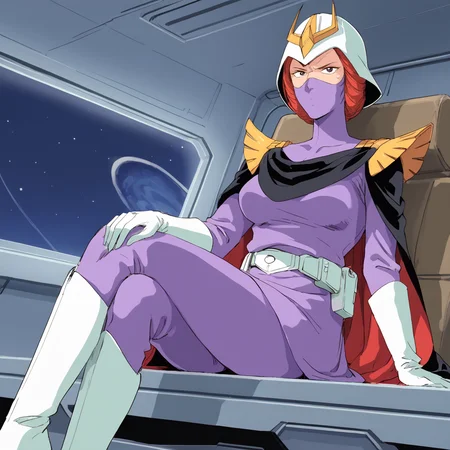 score_9,score_8_up,score_7_up, orgasm face, shiny oild skin, wet, sweat,
FGKyciliaM, 1girl, solo, red hair, helmet, mask, no ears, black eyes, breasts,
military uniform, belt, cape, white gloves, pants, knee boots,
looking at viewer, sitting, crossed legs, serious, v-shaped eyebrows,
BREAK spacecraft interior, window, space,
<lora:FGKycilia:0.95>