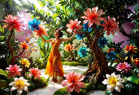 Photograph, masterpiece,best quality, of An astonishing award winning, art installation, poly acrylic resin molded tree sculptures, fake plastic flowers, 1970s Brazilian Tropicalia retrofuturism, in the style of Pipilotti Rist, complex shadows, retro, fashion, style
