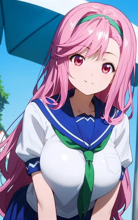 (score_9, score_8_up, score_7_up), standing, leaning forward, looking at viewer, light smile, closed mouth, shiny skin, tight clothes,
ohwx, 1girl, solo, pink_hair, long_hair, hairband, pink_eyes, red eyes, heart, fang, fang_out, breasts, large_breasts,
school_uniform, serafuku,
summer,
cowboy shot, dutch angle, close-up,
<lora:shiria_ootsuka_pony_ss:1>