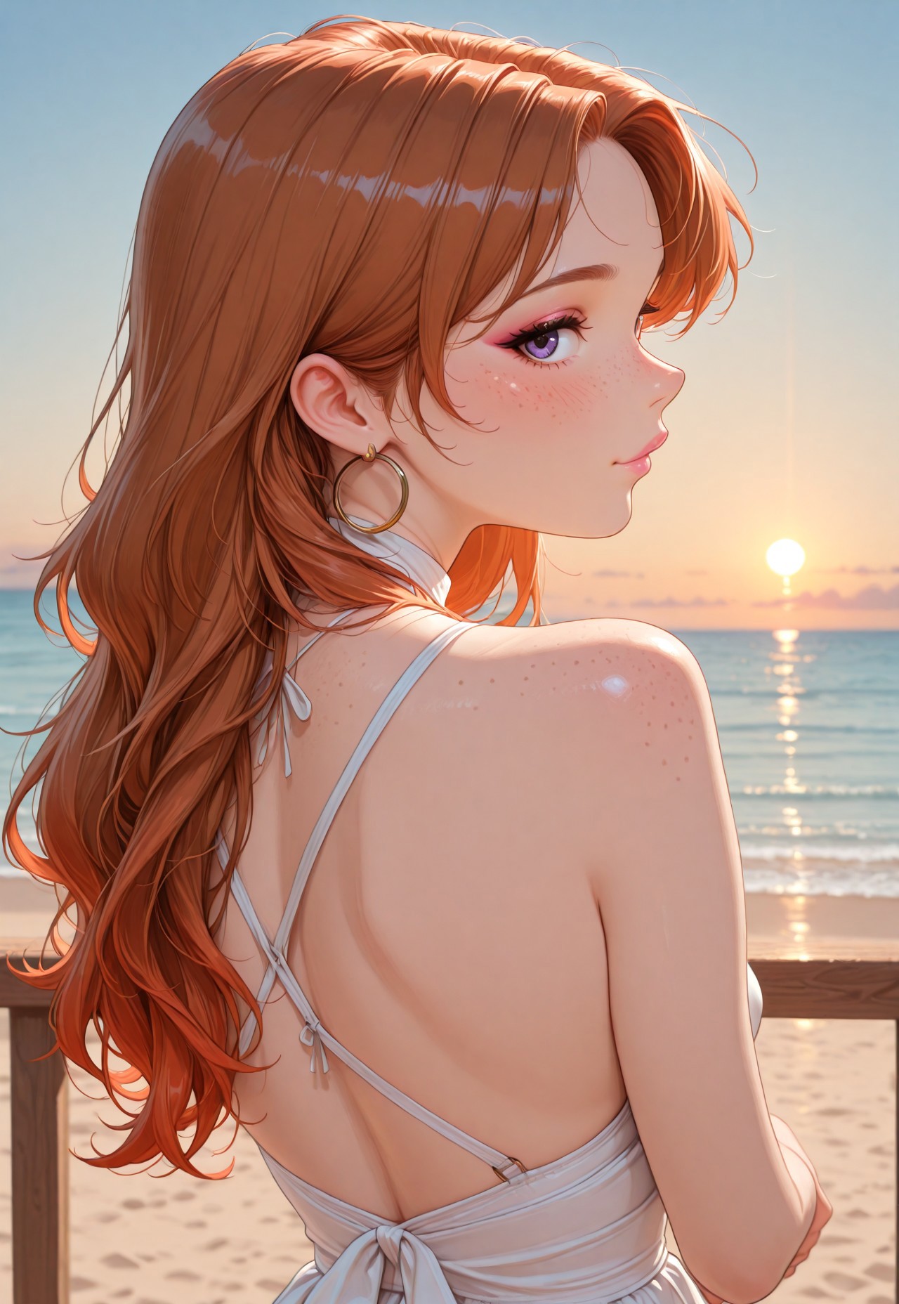 Beautiful, ultra high quality, very detailed, 8k, detail focus, civchan,( auburn  gradient hair:1.3), medium wavy hair, cute face, perfect face, purple eyes, small nose, soft features, perfect makeup, pink lipstick, lip gloss, eyeliner, mascara, eyelashes, perfect skin, blush, gold hoop earrings, necklace, enticing look, lustful,  sexy, attractive, (zoomed out:1.2), masterpiece, highest quality, 1girl, freckles ,( body turned to side:1.2), (face turned toward viewer:1.2), side profile of ass, leaning on wooden railing, beach background, sunset, beautiful sky
