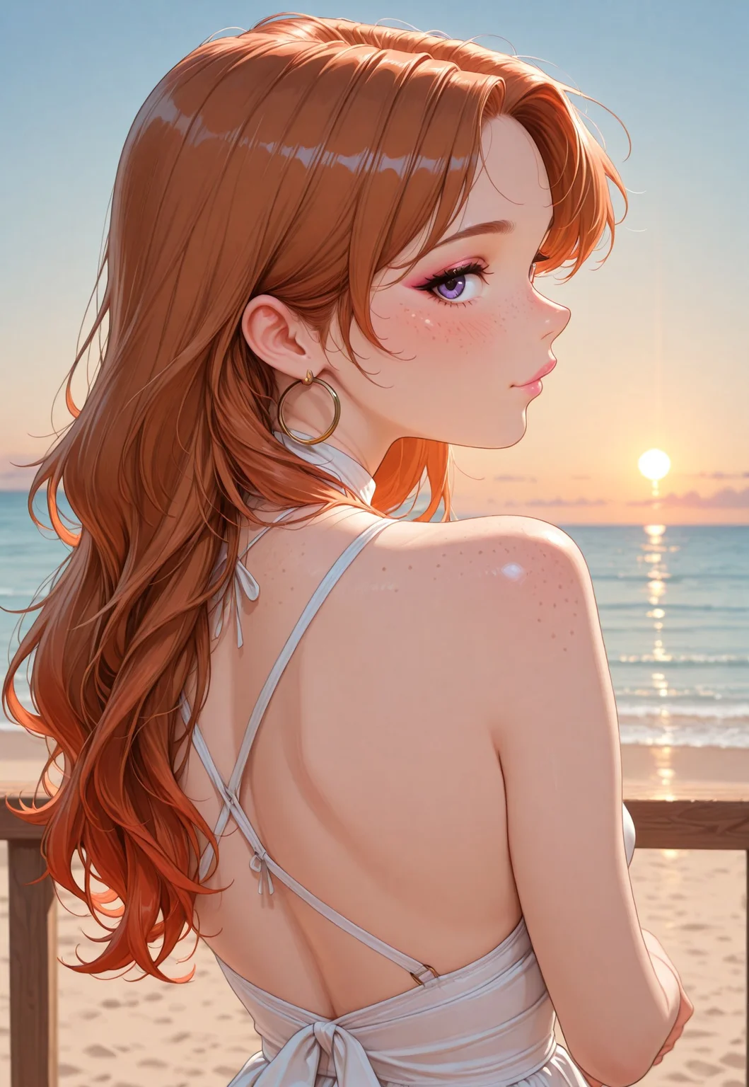 Beautiful, ultra high quality, very detailed, 8k, detail focus, civchan,( auburn  gradient hair:1.3), medium wavy hair, cute face, perfect face, purple eyes, small nose, soft features, perfect makeup, pink lipstick, lip gloss, eyeliner, mascara, eyelashes, perfect skin, blush, gold hoop earrings, necklace, enticing look, lustful,  sexy, attractive, (zoomed out:1.2), masterpiece, highest quality, 1girl, freckles ,( body turned to side:1.2), (face turned toward viewer:1.2), side profile of ass, leaning on wooden railing, beach background, sunset, beautiful sky
