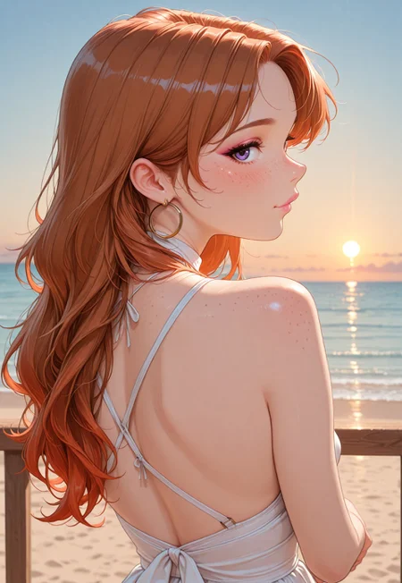 Beautiful, ultra high quality, very detailed, 8k, detail focus, civchan,( auburn  gradient hair:1.3), medium wavy hair, cute face, perfect face, purple eyes, small nose, soft features, perfect makeup, pink lipstick, lip gloss, eyeliner, mascara, eyelashes, perfect skin, blush, gold hoop earrings, necklace, enticing look, lustful,  sexy, attractive, (zoomed out:1.2), masterpiece, highest quality, 1girl, freckles ,( body turned to side:1.2), (face turned toward viewer:1.2), side profile of ass, leaning on wooden railing, beach background, sunset, beautiful sky
