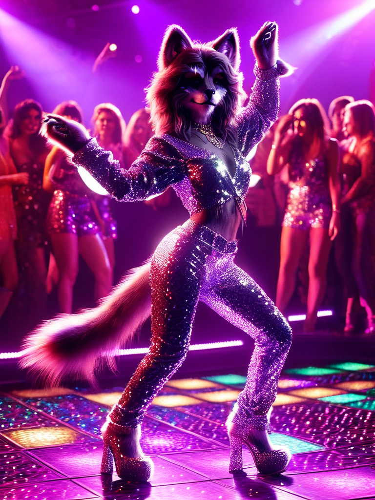 worgen, female worgen, dancing queen worgen, dancing queen clothing, glitter outfit, 80s style outfit, a furry cat dancing on a dance floor, disco, disco light at floor, people dancing in the background <lora:wowrgen-sdxl:1>
