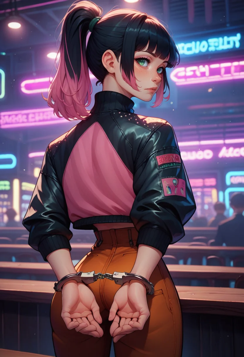 score_9, score_8_up, score_7_up, <lora:HandcuffsV2:1>, handcuffs, cuffs, cowboy shot, nightclub, neon lights, bokeh, depth of field, black hair, pink dyed hair, ponytail, bangs, green eyes, freckles, makeup, leather jacket, turtleneck, high waist pants, from behind, own hands together,