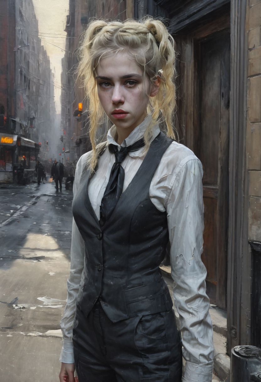 <lora:GiganticBreastsXLv1:1>, ((((classical oil painting)))), (Candid), (((cute short stocky bedraggled blonde Italian girl standing provocatively in the street next to a dark doorway of crowded post-apocalyptic brothel in bright evening sunshine))). ((leaning against doorway)), (((armpit hair))), (messy hair with small pigtails), (pale skin), ((((gelasin)))), (forlorn expression), ((narrow hips)), (toned small butt), ((pert breasts)), (((torn dirty lady's suit))), ((fishnets)),  (wearing small choker), (tatty boots), ((faded tatty headscarf)), (horny clothed males), Intricate textures, (high detailed skin:1.5),