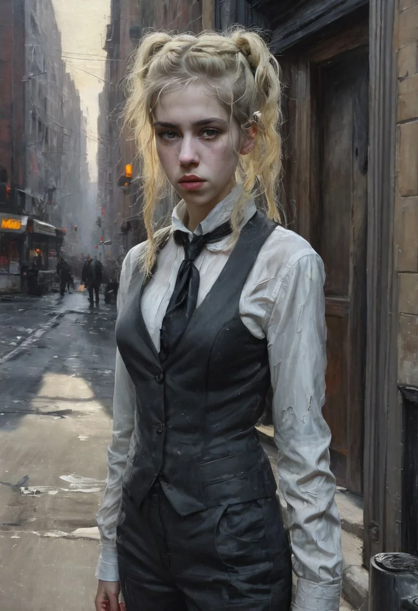 <lora:GiganticBreastsXLv1:1>, ((((classical oil painting)))), (Candid), (((cute short stocky bedraggled blonde Italian girl standing provocatively in the street next to a dark doorway of crowded post-apocalyptic brothel in bright evening sunshine))). ((leaning against doorway)), (((armpit hair))), (messy hair with small pigtails), (pale skin), ((((gelasin)))), (forlorn expression), ((narrow hips)), (toned small butt), ((pert breasts)), (((torn dirty lady's suit))), ((fishnets)), (wearing small choker), (tatty boots), ((faded tatty headscarf)), (horny clothed males), Intricate textures, (high detailed skin:1.5),
