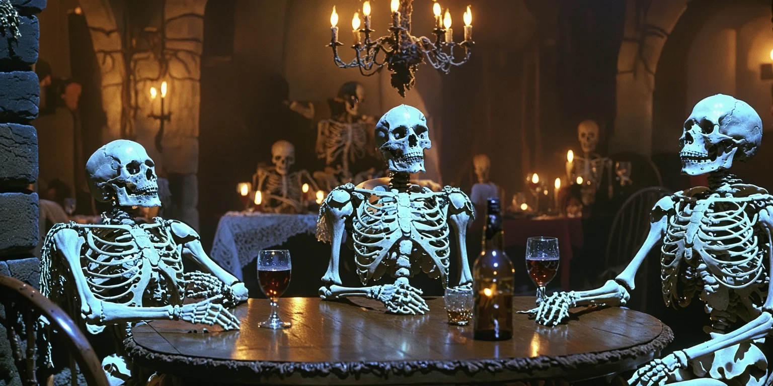 cinematic still 80sdarkfantasylora, multiple skeleton, sitting at table, tavern . emotional, harmonious, vignette, 4k epic detailed, shot on kodak, 35mm photo, sharp focus, high budget, cinemascope, moody, epic, gorgeous, film grain, grainy, 80sdarkfantasylora, multiple skeleton, sitting at table, tavern, cinematic, dramatic ambient light, detailed, professional, extremely, highly detail, beautiful, emotional, shiny, intricate, sharp focus, rational, smart, perfect, full color, coherent, symmetry, pretty, attractive, best, novel, romantic, fancy, gorgeous, colossal, dazzling