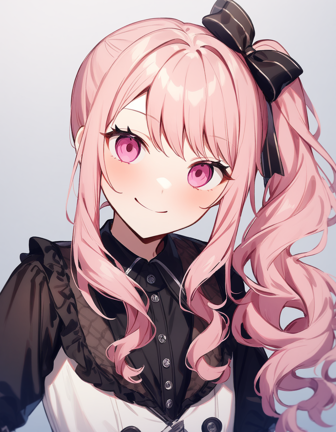 akiyama mizuki, project sekai, 1other, bangs, pink hair, androgynous, (flat chest), pink long wavy hair, sidelocks, (side ponytail), pink eyes, hair bow, hair ornament, side drill, 
smile, (empty eyes, hypnotized eyes:1.1), looking at viewer,
masterpiece, best quality, very aesthetic, sensitive, 
<lora:neg4all_bdsqlsz_xl_V91:1.0>  <lora:emptyeyes_anmgn31_B:1>,