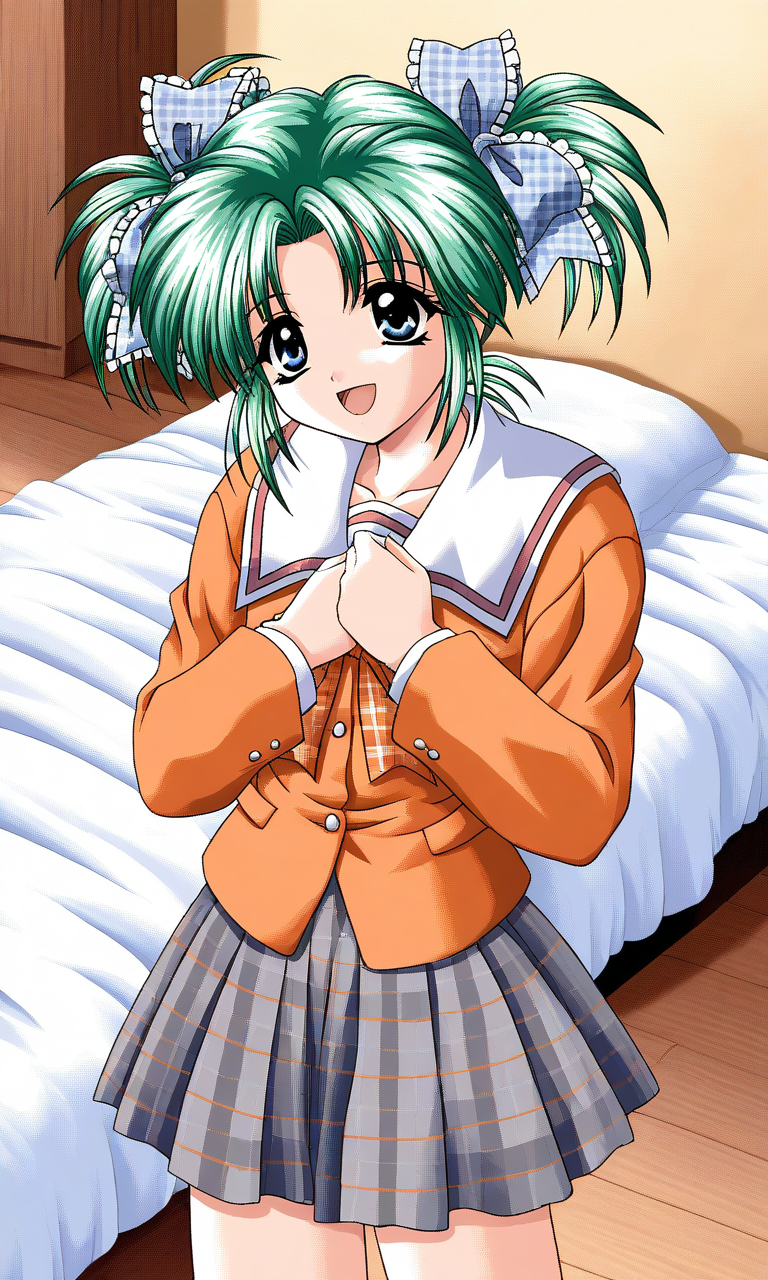 general,highres, ultra-detailed,very aesthetic,best quality ,best hands, BREAK <lora:Minase_Ruka_Akumu_AoiKajitsunoSange_IS:1>
Minase_Ruka, 1girl, solo, green hair, short twintails, blue eyes, hair ribbon, blue plaid ribbon,
open mouth, short, light smile, orange school uniform, ribbon, 
gray skirt, outdoors,hands on own chest,, plaid  skirt, plaid bow, long sleeves, serafuku, bed room, sheet, bed,