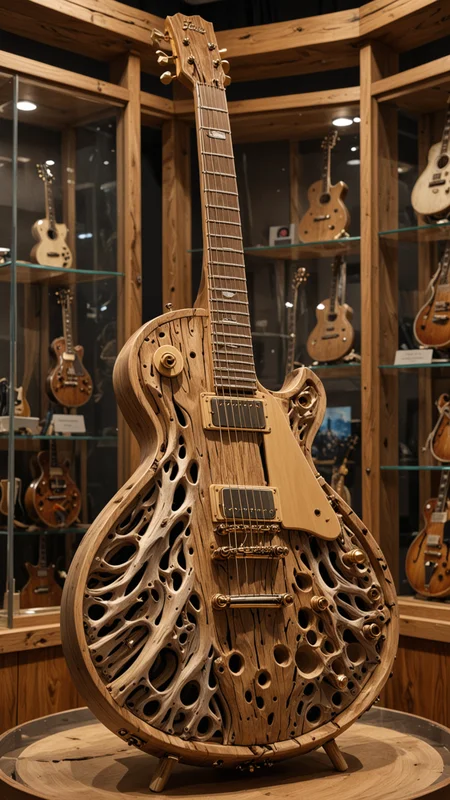 A truly enchanting and magical Gibson Les Paul Guitar, Driftwood Design on guitar body, Inside a Glass display Unit, winning photo, High Budget Hollywood movie film prop, masterpiece, intricate detail, absurd res, 4k, EPIC, (3D), UHD, <lora:Driftwood_Detailed_Art_-_By_DICE:0.7> driftwood, Guitar