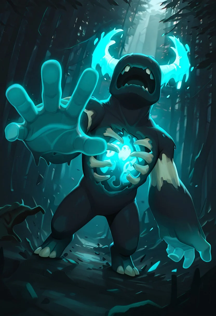 masterpiece, best quality, amazing quality, very aesthetic, absurdres, newest, detailed background, foreground blur, volumetric lighting, sharp, 4k, hd, 
warden, glowing horns, standing, solo, monster, open mouth, creature, teeth, no eyes, pokemon (creature), ribs, colored skin, ((wide head, big head,)),, no teeth, no humans, big arms,  no hands, no wrists, wide body, no teeth, 
, dynamic angle, daytime ,chill_touch-(magic), outstretched hand,skeletal disembodied hand, solo,  floating hand,  claws, forest, destroyed trees,