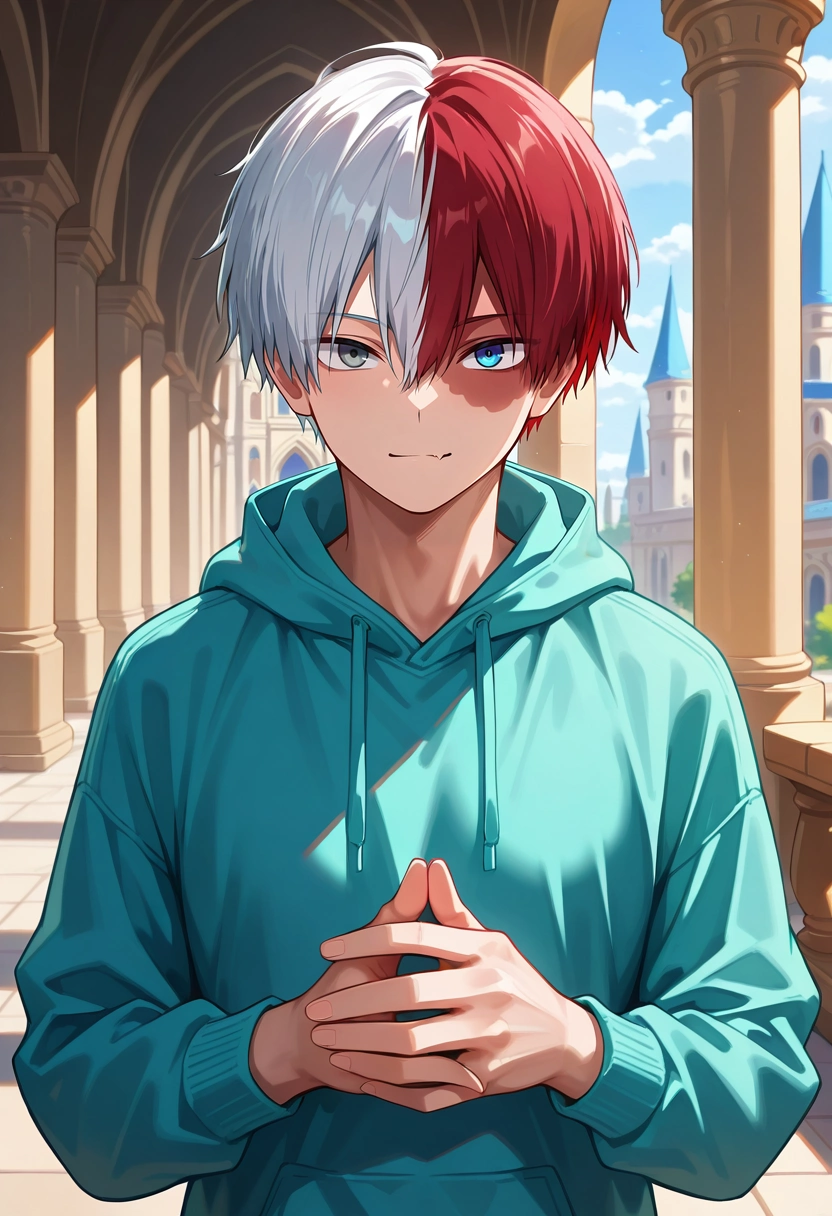 masterpiece, best quality, , , looking at viewer, , 1boy, solo, male focus, <lora:shouto_todoroki_ilxl:0.94>, shouto_todoroki, white hair, red hair, grey eyes, blue eyes, heterochromia, short hair, hair between eyes, bangs, multicolored hair, two-tone hair, split-color hair, burn scar, scar on face, asymmetrical, palace, day, sunny, own hands together, skin fang, zip-up hoodie, homburg