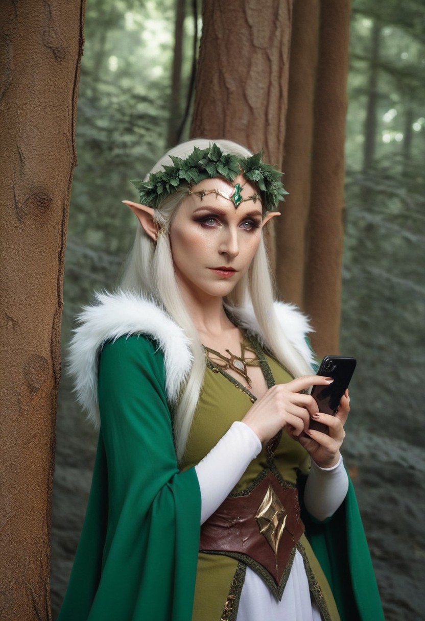 Fantasy Photoshoot, studio photography, cosplay,
phone photo of elf princess in the forest uploaded on snapchat, excessive decorations, very aesthetically positioned