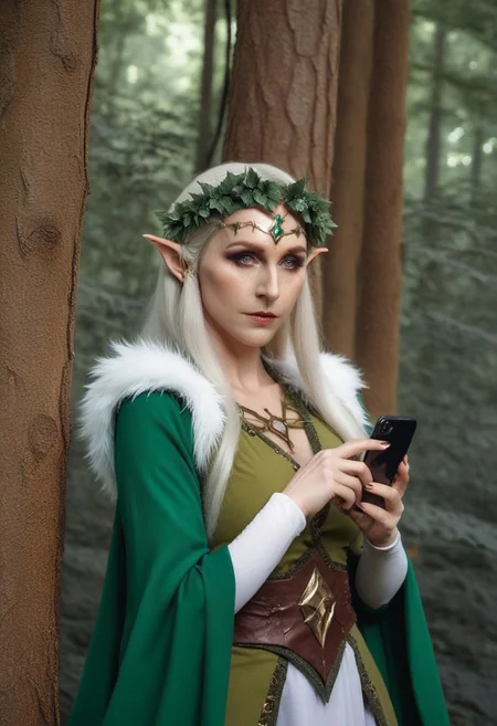 Fantasy Photoshoot, studio photography, cosplay,
phone photo of elf princess in the forest uploaded on snapchat, excessive decorations, very aesthetically positioned