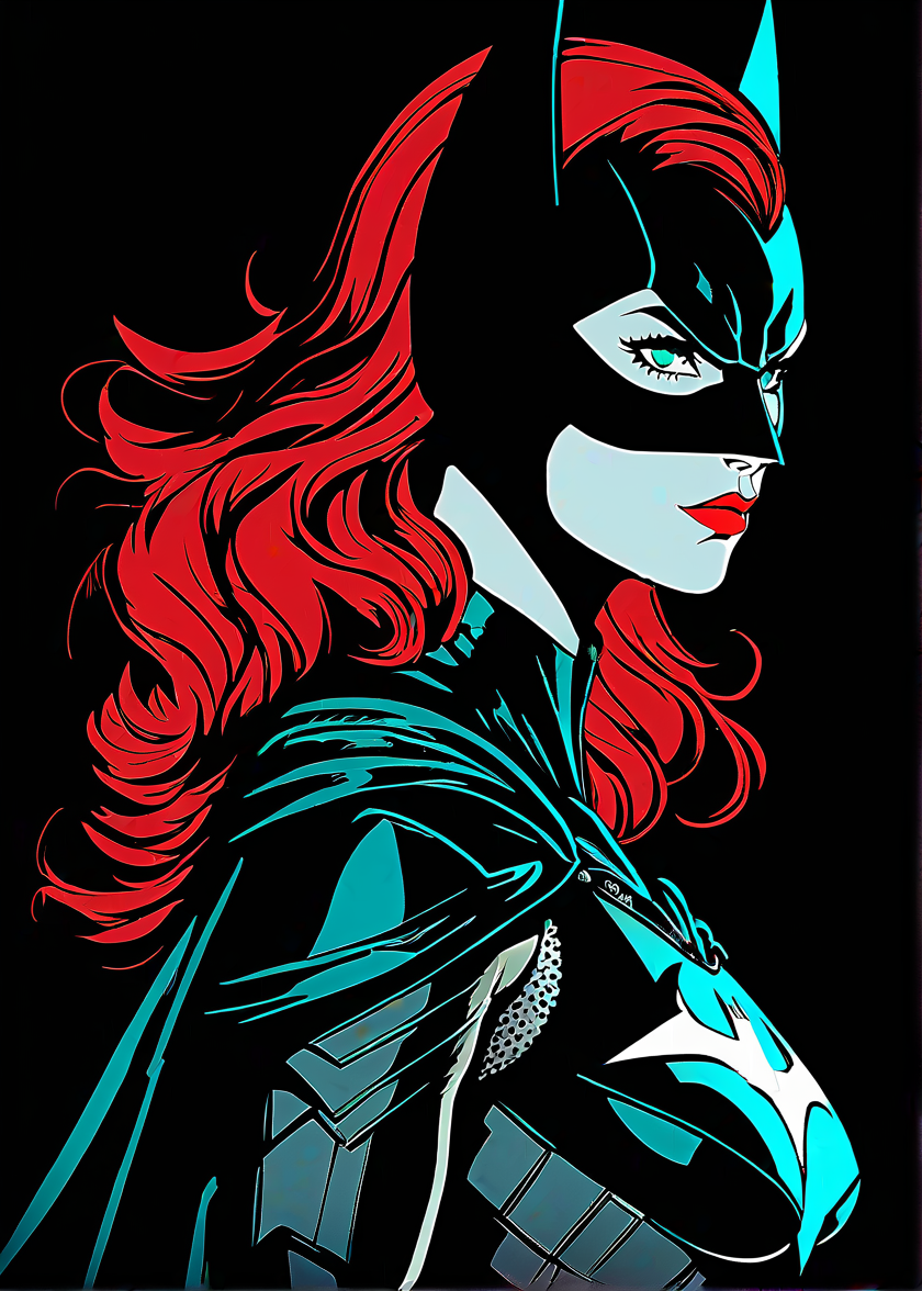 masterpiece, best quality, batwoman, solo, futuristic, intricate, over the shoulder, looking at viewer, black background, simple background, glow in the dark, sci-fi, multicolored hair, aqua eyes, warrior