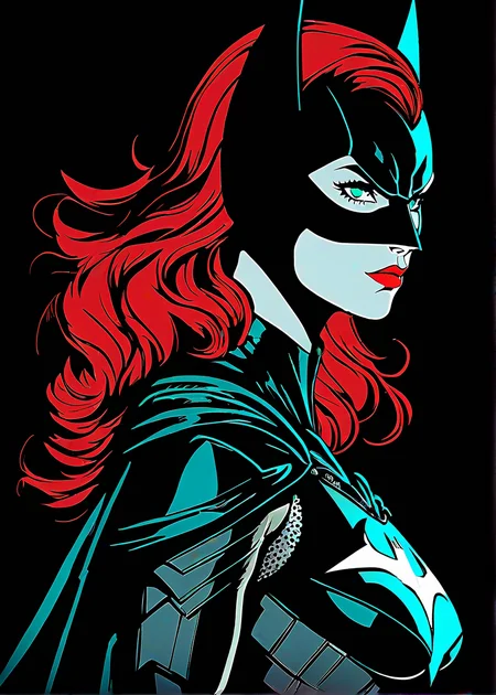 masterpiece, best quality, batwoman, solo, futuristic, intricate, over the shoulder, looking at viewer, black background, simple background, glow in the dark, sci-fi, multicolored hair, aqua eyes, warrior