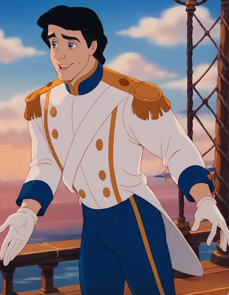 score_9, score_8_up, score_7_up, Prince_Eric_LTM, 1boy, black hair, light-blue eyes, white tailcoat, short jacket tails, dark blue pants, gold epaulettes, white baldric, black boots, blue collar and cuffs, white gloves, gold embroidery, massive gold buttons, solo, standing, on a fantasy wooden ship, in the sea, best quality, much detailed, high resolution, Expressiveh, zPDXL3, <lora:Prince_Eric_LTM:1>, <lora:Smooth Anime Style LoRA XL:0.8>, <lora:Expressive_H:0.6>, <lora:add-detail-xl:0.8>, <lora:zPDXL3:1>,âââ