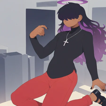score_9 score_8_up score_7_up high_resolution 1,solo, single character,  (dark skin male,male)(very long hair,black hair, purple highlights,) (tall:1)(hair over eyes) (cross necklace,black shirt,long sleeves,red pants, black shoes), black nails  Purple halo