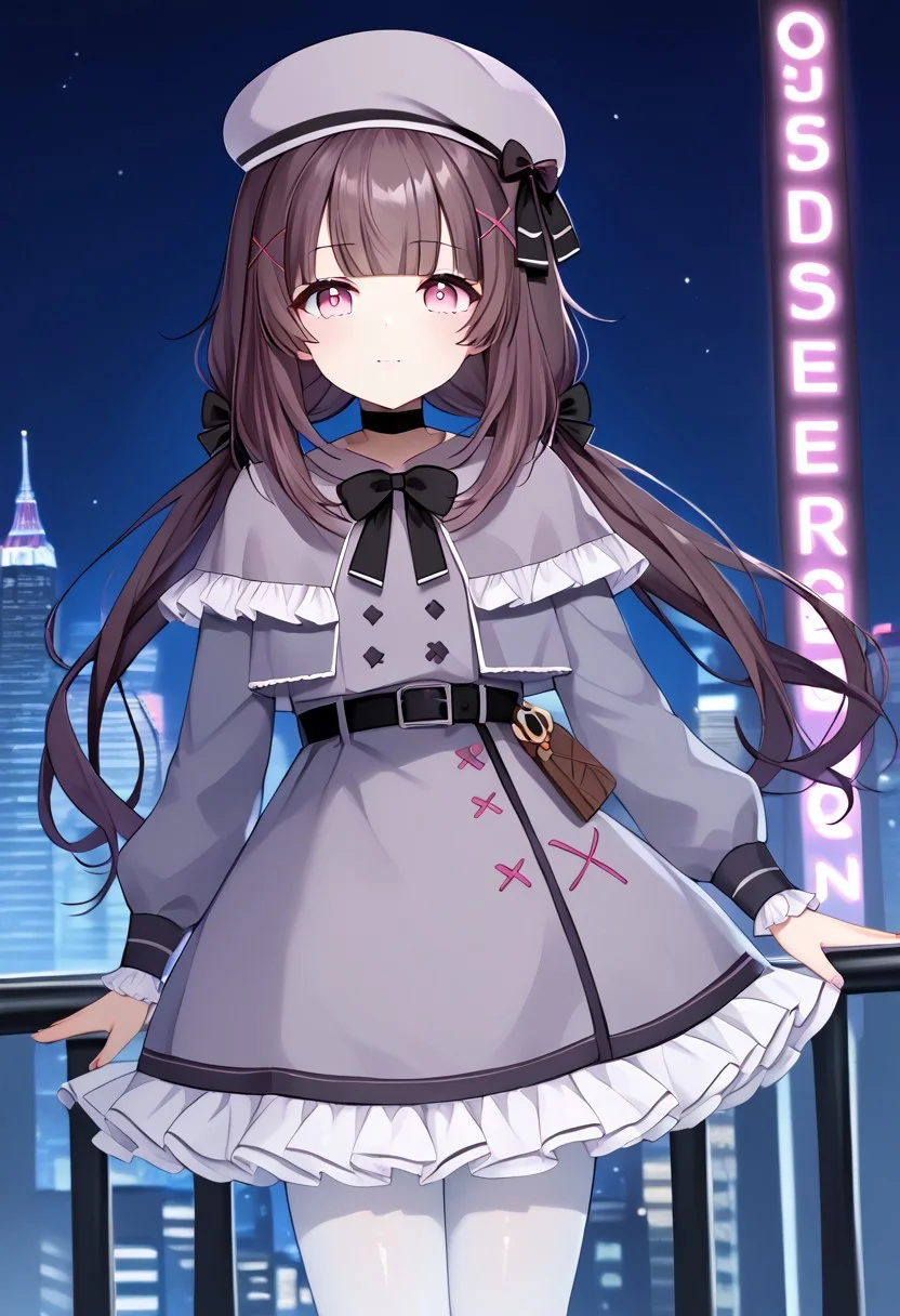 1girl, solo, highres, ((Shondo2ndB,)) petite, pink eyes, bangs, bow, brown hair, sidelocks, low twintails, hair bow, x hair ornament, long hair,
hat, beret,
frilled dress, black bow, choker, grey capelet, capelet, pink ribbon, black belt, long sleeves, food-themed clothes, white pantyhose,
looking at viewer,
night, night sky, cityscape, neon lights, backlighting,