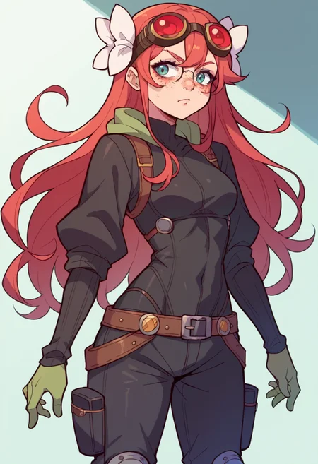 <lora:GinjaNinjaOwO (Autism SDXL):0.55> 1girl, solo, aqua eyes, long hair, red hair, freckles, glasses, hair ornaments, white ribbon, hair ribbon, eyeshadow, <lora:zs_FutabaXL:0.5> futabaoracle, goggles on head, black bodysuit, green gloves, black pants, belt, knee pads,, score_9, score_8_up, score_7_up, source_anime,