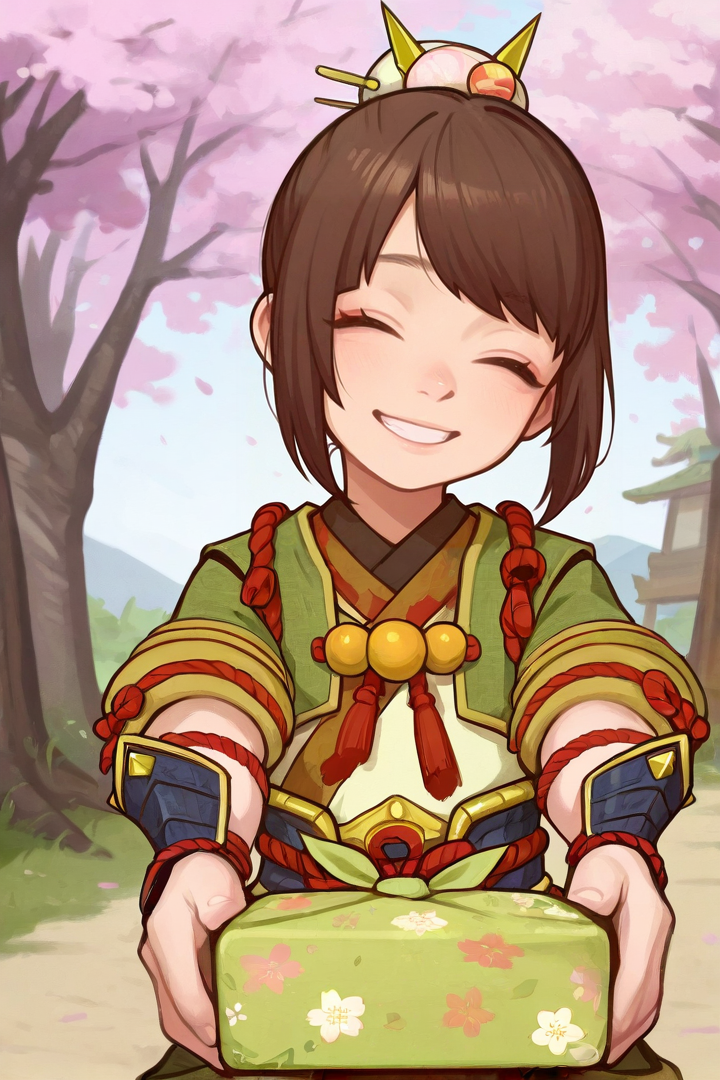 (thick outline, dark outline, thick lineart), 2d art, masterpiece, best quality, vibrant colors, color contrast, (young girl, short girl), detailed, cute, eyelashes, epicanthic folds, aegyo sal,
<lora:Yomogi_Illustrious:1>, 1girl, solo, yomogi_(monster_hunter), brown hair, closed eyes, hair ornament, japanese clothes, bangs, short hair, hair bun, single hair bun, armguards, upper body, standing, facing viewer, smile, clenched teeth, outdoors, cherry blossom trees, outstretched arms, green bento box, straight-on, head tilt, 
<lora:Tsuvida_Style_LoRA_Illustrious:0.4>, <lora:IL_S_Asura-Captain:0.5>, <lora:kairunoburogu_Ill:0.6>