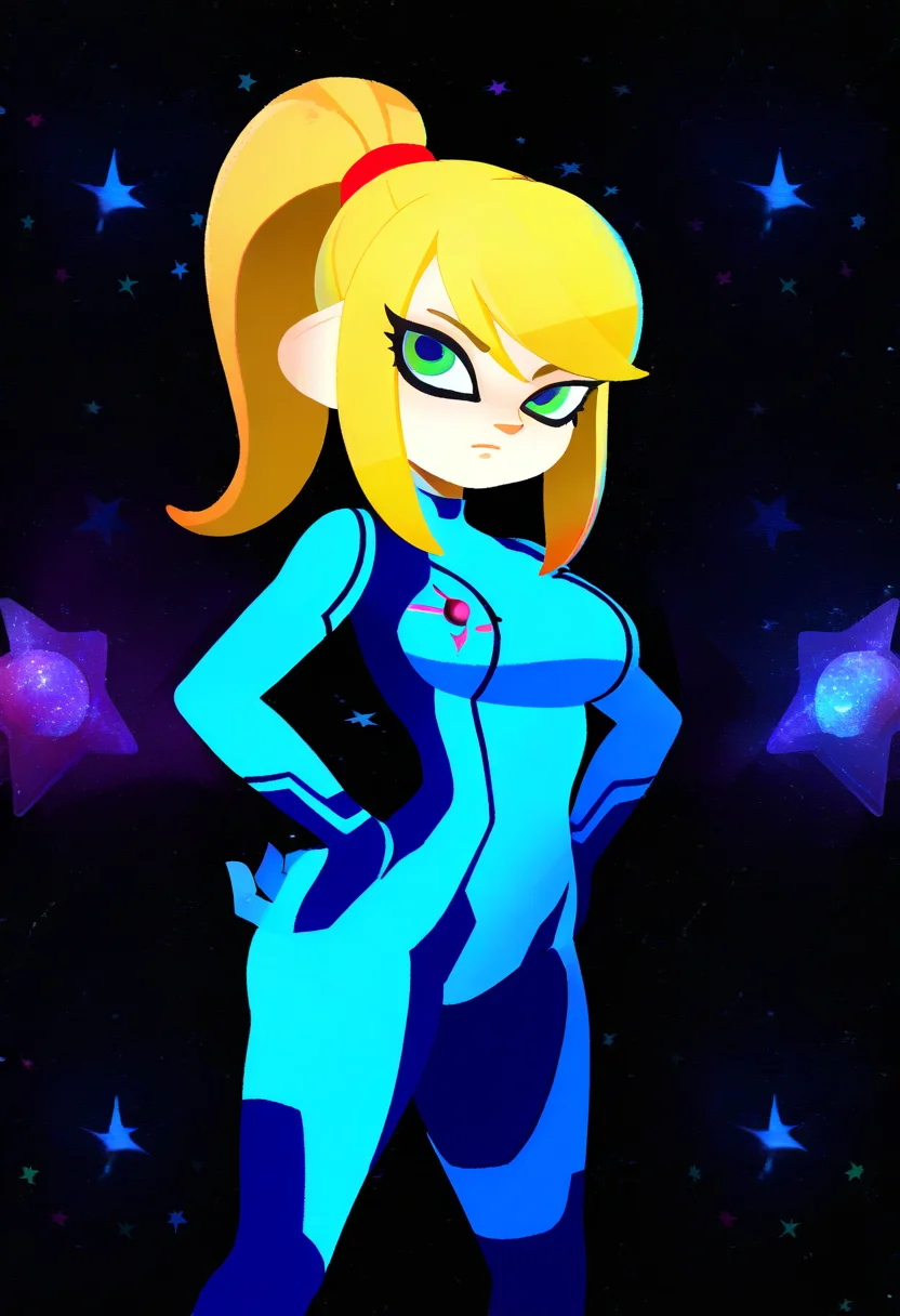 (black background, galaxy background, starry background:1.8),
1girl, samus aran, green eyes, blonde hair, medium hair, ponytail, sidelocks,
blue bodysuit,
looking at viewer, standing, hands on hips,
best quality, amazing quality, very aesthetic, absurdres, <lora:Splatoon_byKonan:1> splatoon