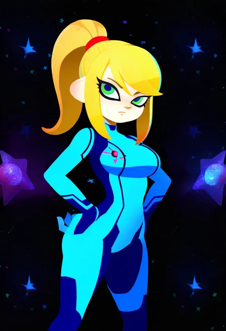(black background, galaxy background, starry background:1.8),
1girl, samus aran, green eyes, blonde hair, medium hair, ponytail, sidelocks,
blue bodysuit,
looking at viewer, standing, hands on hips,
best quality, amazing quality, very aesthetic, absurdres, <lora:Splatoon_byKonan:1> splatoon