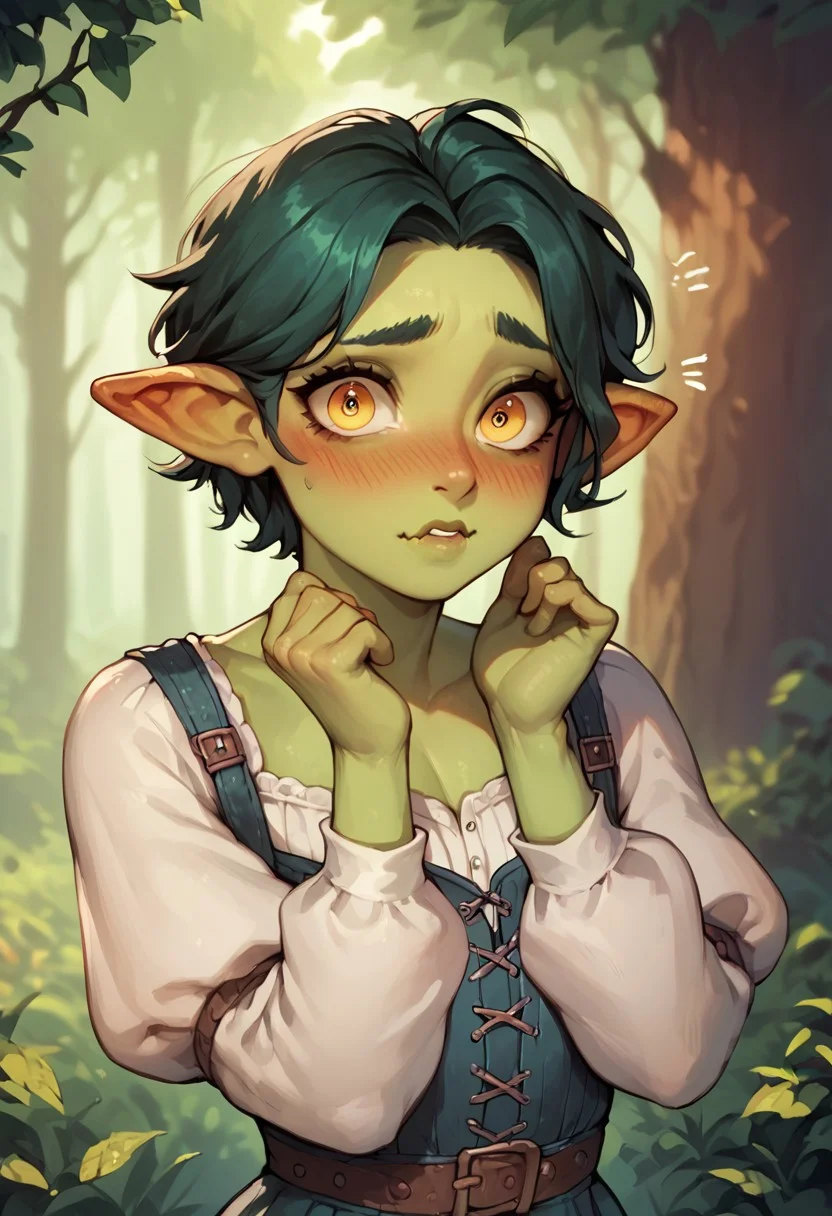 score_9, score_8_up, score_7_up, score_6_up, goblin boy, femboy, 1boy, solo, green skin, embarassed, blushing, looking at viewer, medieval villager clothes, beautiful face, beautiful eyes, expressive eyes, great forest scenario, great forest background