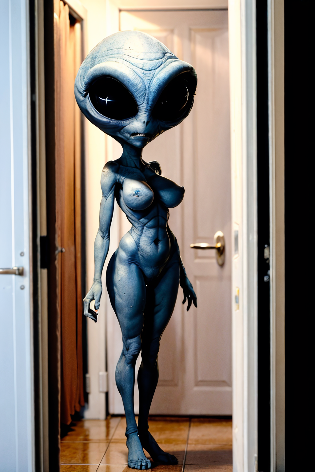 full body shot (Realisitc:1.5) alien woman, big breasts, big dark pointy nipples <lora:EdobAlienFemale_v1.0:0.8>