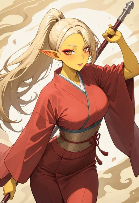 masterpiece, best quality, newest, absurdres, highres, anime, anime style, DPDV1.0, dynamic pose, polearm, holding polearm, holding weapon, weapon,
1girl, asian, asian female, elf, elf girl, pointy ears, long hair, yellow skin, blonde hair, golden colored skin, kimono, red kimono, ponytail long ponytail, high taied ponytail, makeup, mascara,
staff, holding staff