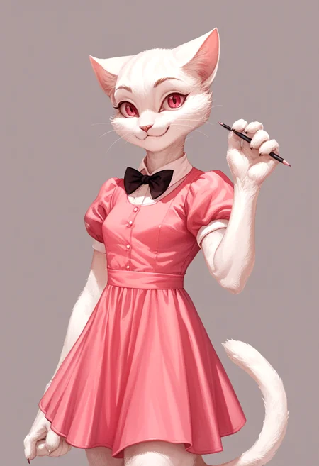 score_9, score_8_up, score_7_up, score_6_up, score_5_up, score_4_up, source_furry, sharp focus, high contrast, artistic
(pencil drawing)
BREAK
1girl, solo, looking at viewer, confident smile, short sleeves, small dress, closed mouth, standing, tail, hand up, bowtie, pink dress, furry, cat girl, furry female
BREAK
<lora:jeffr:1>