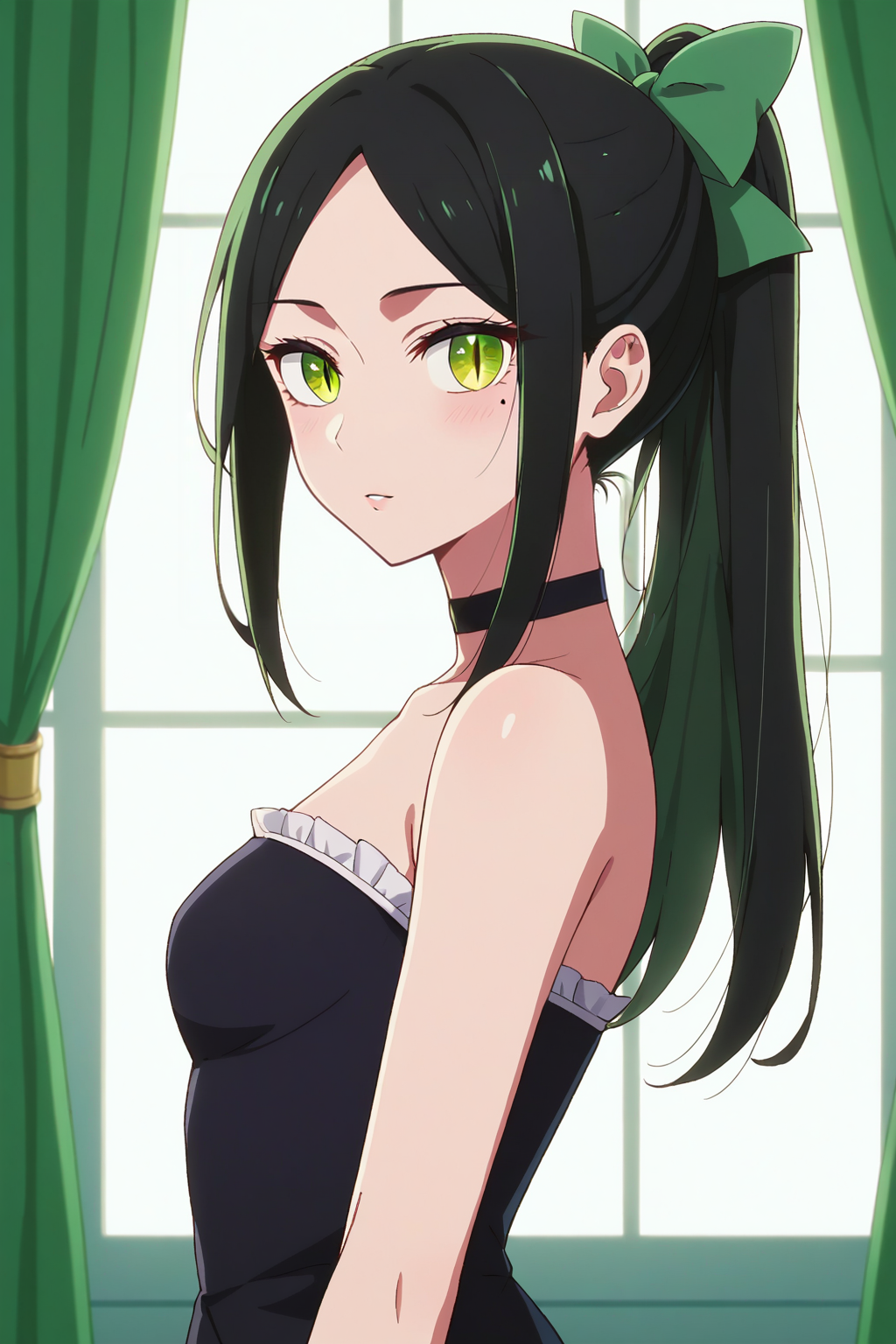 score_9, score_8_up, score_7_up, source_anime, 1girl, prefect lighting, very aesthetic, intricate details, highly detailed background, masterpiece, high quality, prefect hands, best quality, solo,
<lora:Frill_Shiranui_Oshi_no_ko_V1:.85>, KJOfrill, green hair, green eyes, slit pupils, mole under eye, mole under eye, long hair, parted bangs, 
frilled dress, black dress, side slit, ponytail, black choker, bare shoulders, strapless, black hair bow,
from side, blush, expressionless, parted lips, head tilt, standing, looking at viewer, 
ballroom, morning, 
(Beautiful, small Breasts:1.2), natural breasts,