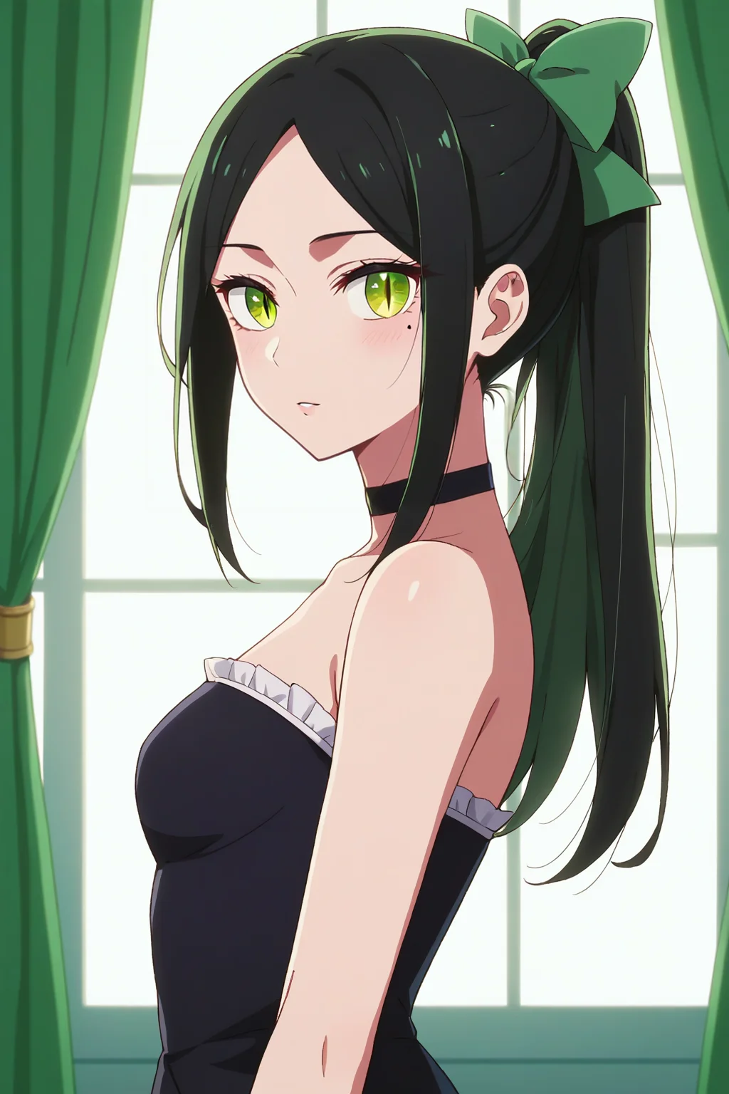 score_9, score_8_up, score_7_up, source_anime, 1girl, prefect lighting, very aesthetic, intricate details, highly detailed background, masterpiece, high quality, prefect hands, best quality, solo,
<lora:Frill_Shiranui_Oshi_no_ko_V1:.85>, KJOfrill, green hair, green eyes, slit pupils, mole under eye, mole under eye, long hair, parted bangs,
frilled dress, black dress, side slit, ponytail, black choker, bare shoulders, strapless, black hair bow,
from side, blush, expressionless, parted lips, head tilt, standing, looking at viewer,
ballroom, morning,
(Beautiful, small Breasts:1.2), natural breasts,