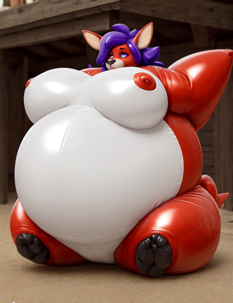 photo, photorealistic, elora, female, faun \(spyro\), deer, satyr, inflating, living inflatable, spherical inflation, breast expansion, puffed arms, puffed legs, navel valve, sitting on ground, <lora:Inflation08Fluffusion:0.8>