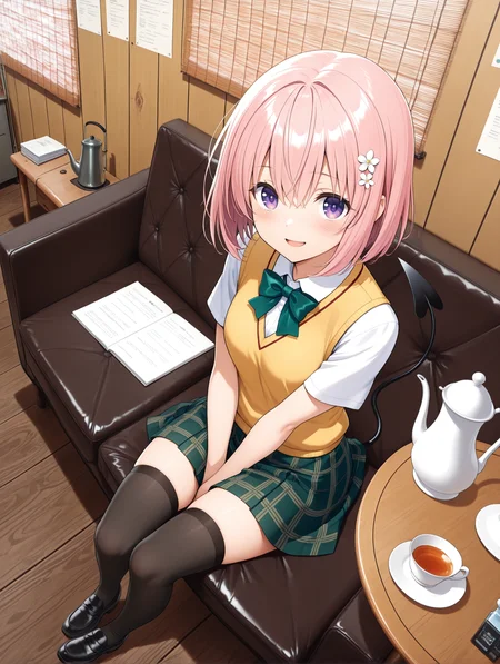 masterpiece,best quality,newest,
1girl,solo,<lora:c_20f_ilxl_v1.1:1>,c_20f,window,wooden floor,shade,blinds,tile wall,table,looking_at_viewer,dynamic_angle,cinematic_angle,light_blush,parted lips,hand up,sitting_on_couch,teapot,teacup,holding_cup,high tea stand,scone,<lora:Fixhands_anime_bdsqlsz_V1:1>,<lora:momo_ilxl_v1.8:1>,momo,pink hair,purple eyes,short hair,h_o,hair ornaments,m_clothes,short sleeve blouse,yellow vest,green bowtie,green plaid skirt,black demon tail,black_thighhighs,loafers,:d,from_above,fisheye,arms between legs,