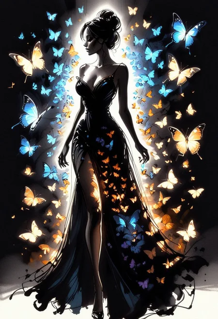 inksketch, a silhouette of a woman, black background, glowing butterflies, full body, black dress
