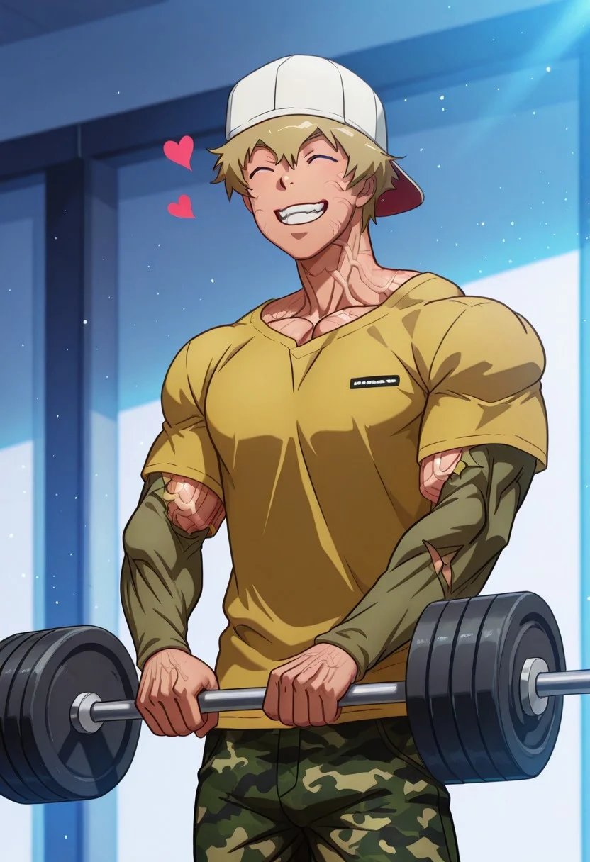 masterpiece, best quality, amazing quality, very aesthetic, absurdres, intricate details, five digits
, solo, 1boy, male focus, muscular male,clenched teeth, thick arms, weightlifting, exercise, veiny body, veiny arms, veiny neck, veiny face,
, <lora:nb-c_v2_IL-000025:1>,1boy, male focus, solo, closed eyes, smile, open mouth,heart emotes,anime, volumetric lighting, day, light particles,flexing,hulking out, muscular,torn clothes, roaring,hyper muscles growth, hyper muscles bigger,taketri, 1boy, male focus, solo, blue eyes, blonde hair, short hair, bangs, hair between eyes, hat, backwards hat, baseball cap, white headwear, shirt, yellow shirt, short over long sleeves, pants, camouflage pants,