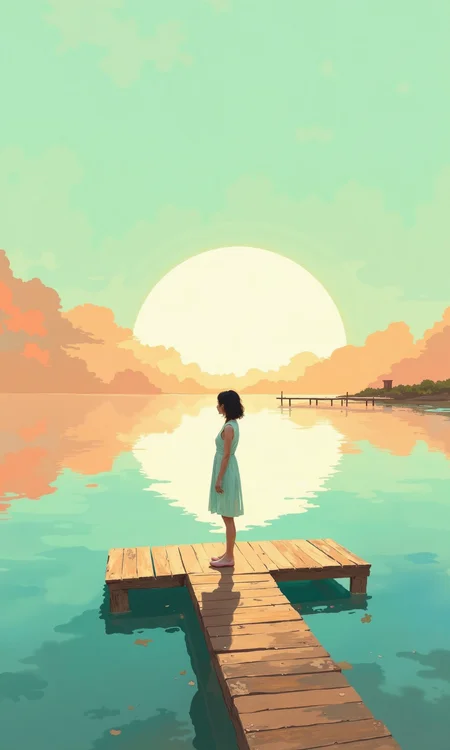 Full shot of a stylized illustration.Â 
A woman in a light-colored, likely white or light-blue, dress stands on a wooden dock that extends into a calm body of water.Â The water reflects the colors of the sky, transitioning from a light teal-blue at the top to a deeper, more muted teal-blue near the dock.Â 
The sky is a soft gradient of warm colorsâa mix of orange and peach at the horizon transitioning to a pale teal-blue at the top.Â  A large, brilliant white sun is near the horizon.Â 
The woman is silhouetted against the light, facing away from the viewer and toward the setting sun.Â  Her body shape and form are clear, but her face is not visible.Â 
The wooden dock on which she stands is a simple, slightly weathered-looking light brown or beige wood. The dock is a T-shape, with the woman standing on the center portion.Â  Shadows of the woman and the dock are cast onto the water's surface.Â 
In the distance, on the far shore, very small portions of a structure, possibly a small building or pier, are visible.Â  The entire scene gives  a serene and thoughtful feeling, emphasized by the calm waterÂ and the soft color palette.Â The clouds subtly reflect the warm shades of the sky.
<lora:FLUX-daubrez-DB4RZ-v2:1> DB4RZ, DB4RZ style painting