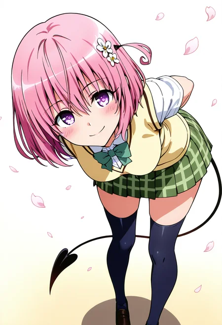 masterpiece, best quality, smile, looking at viewer, momo velia deviluke, demon tail, solo, white background, leaning forward, looking at viewer, standing, blush, smile, pink eyes, pink hair, short hair, hair flower, black thighhighs, green skirt, plaid skirt, pleated skirt, school uniform, shiny clothes, sweater vest, white shirt, yellow vest, bowtie, short sleeves, zettai ryouiki, arms behind back, miniskirt, petals, white flower plaid clothes, close up, foreshortening, face focus, wide hips, very narrow waist, ,<lora:ToLoveRu_Style_NAI:1.0>,